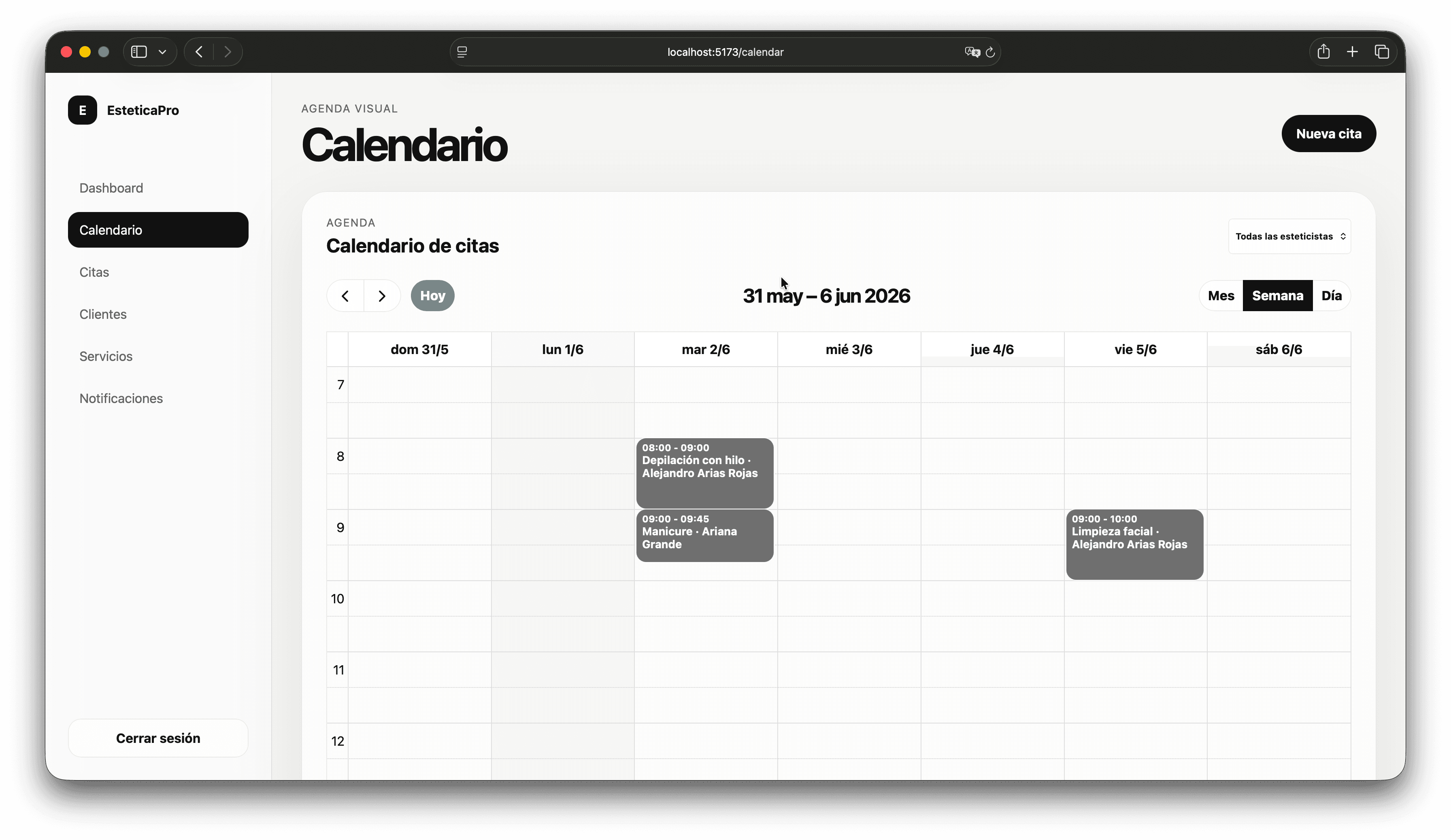 EsteticaPro calendar view