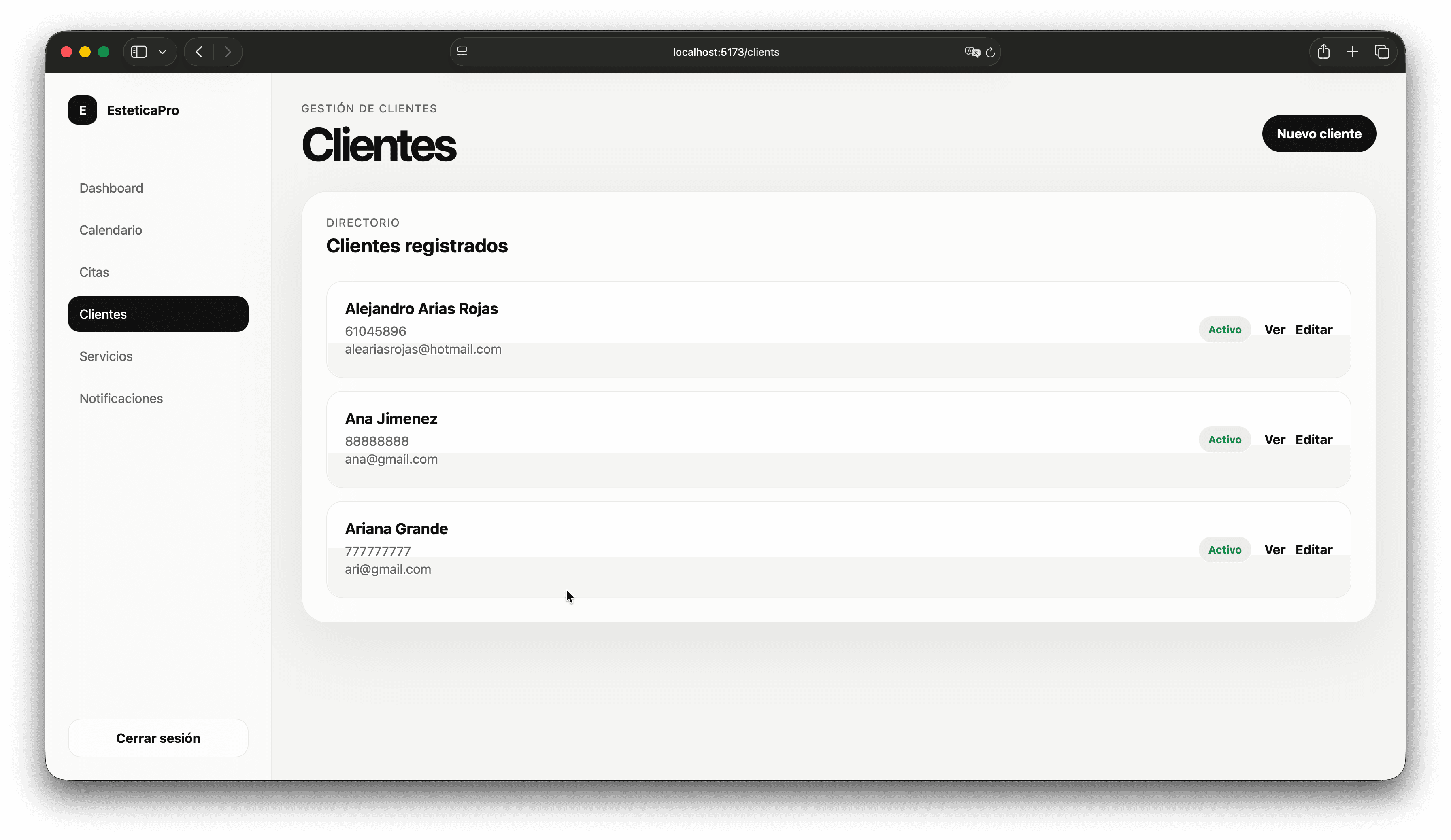 EsteticaPro clients screen