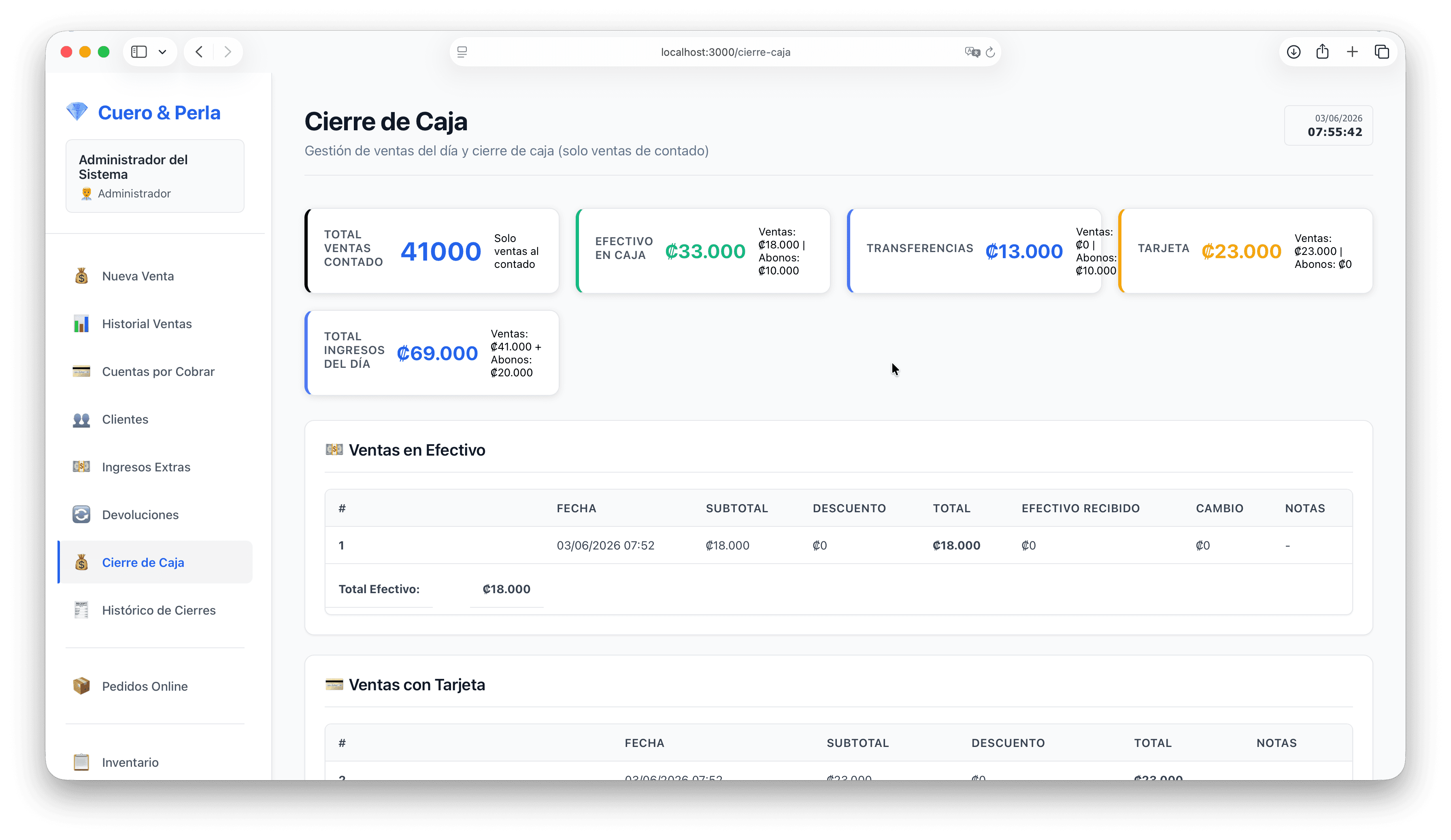 Cash closing screen