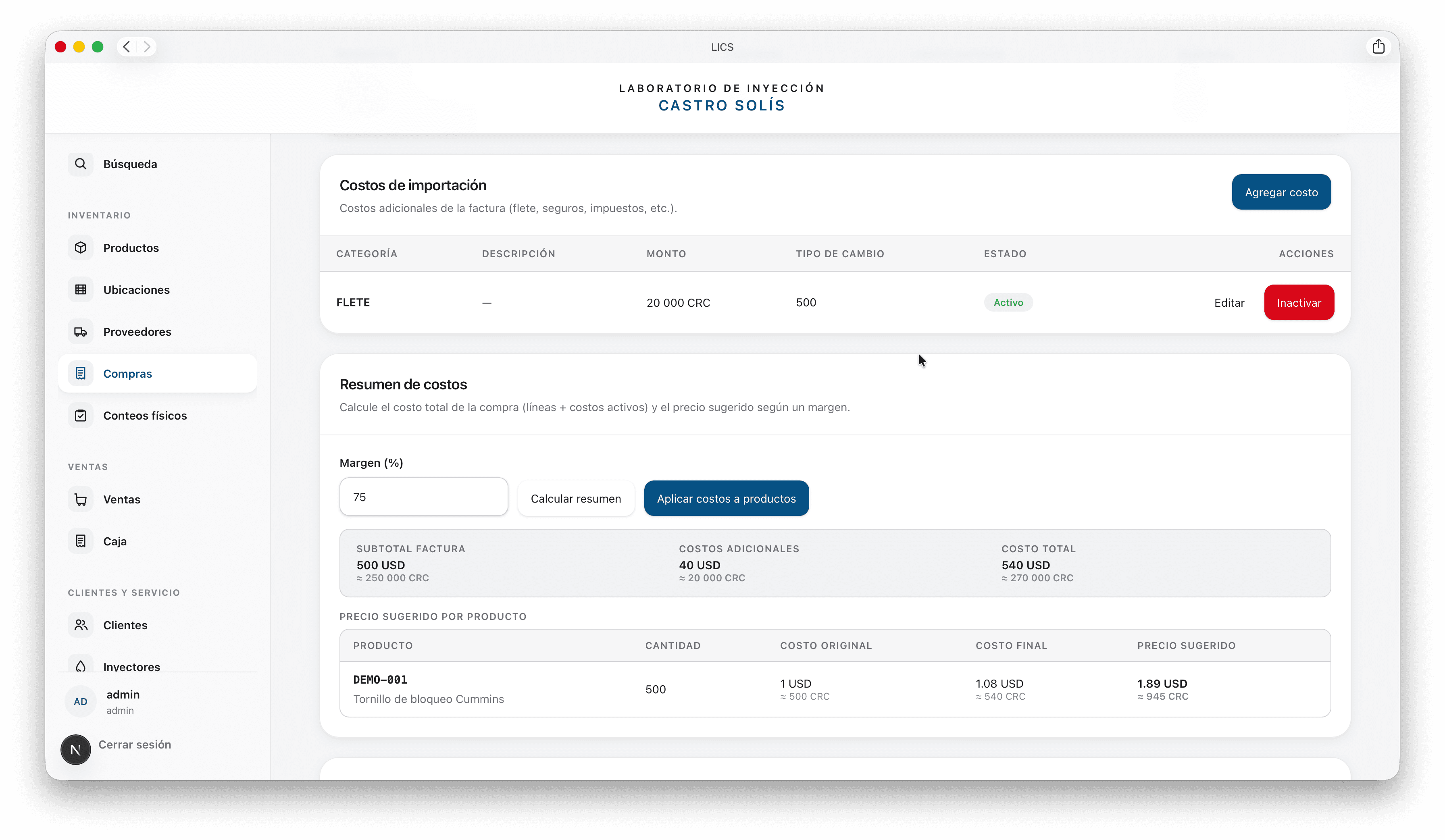 LICS purchase import cost calculation