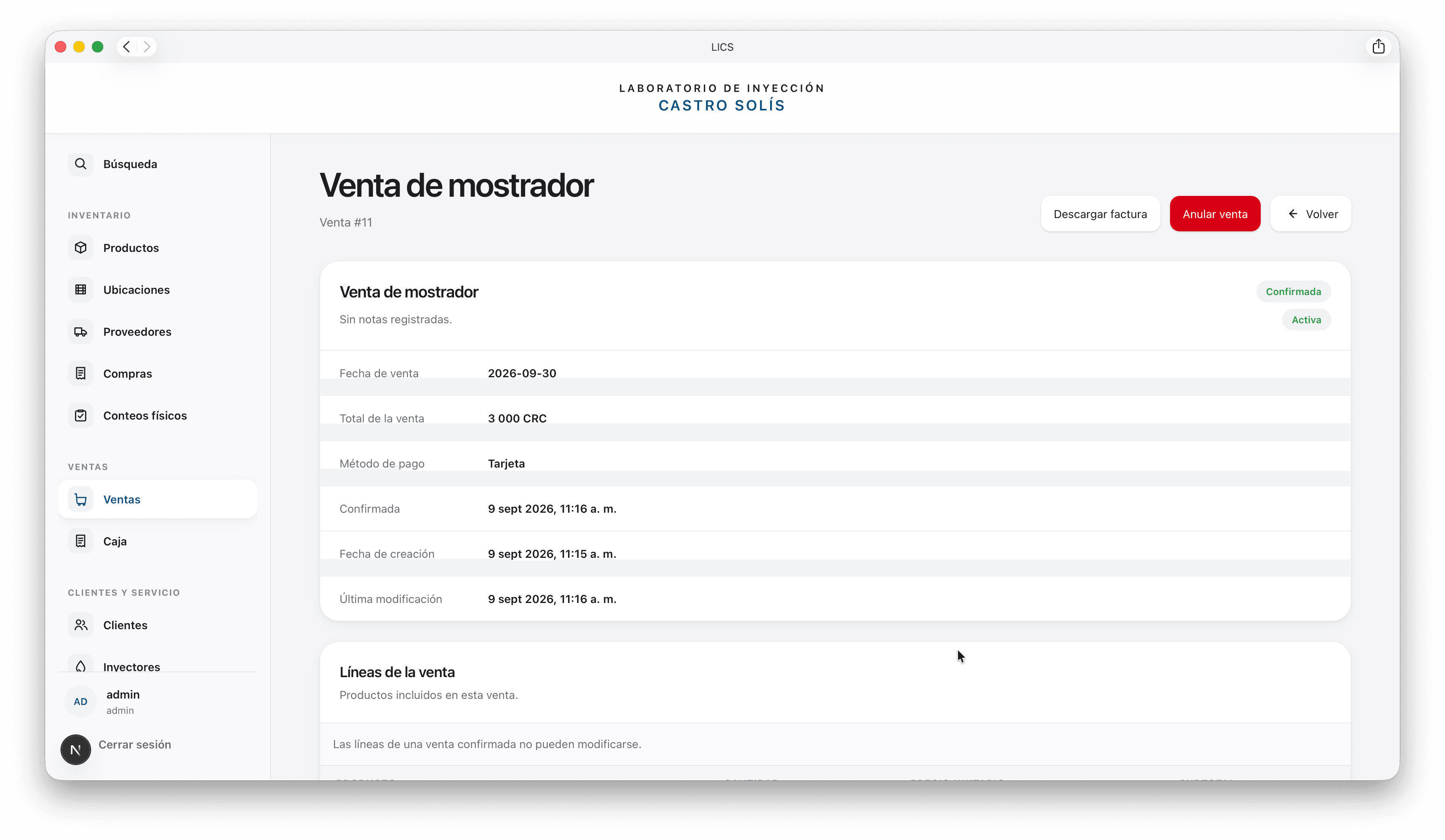 LICS confirmed sale detail, with invoice download and cancellation