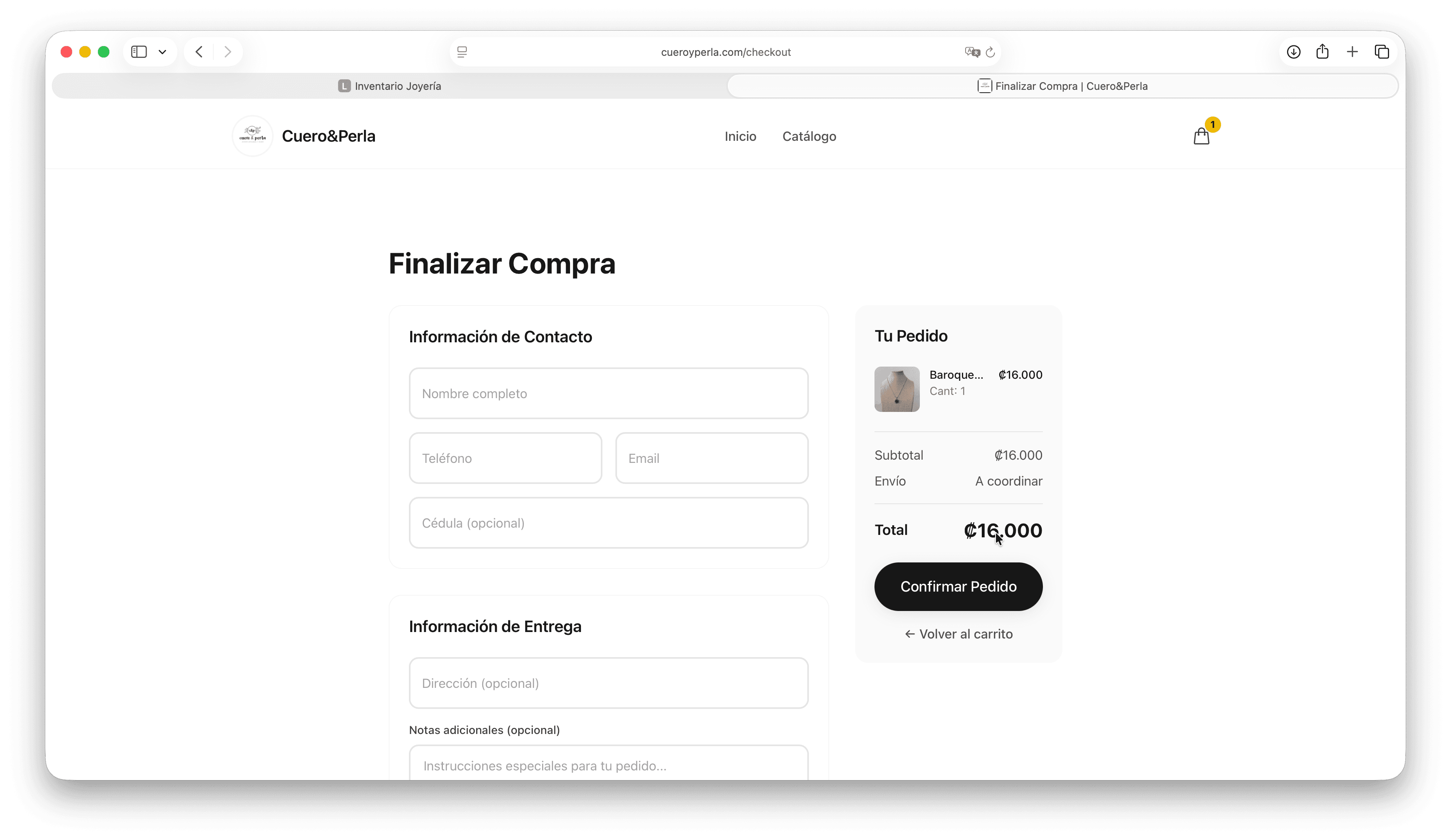 Joyería storefront checkout flow